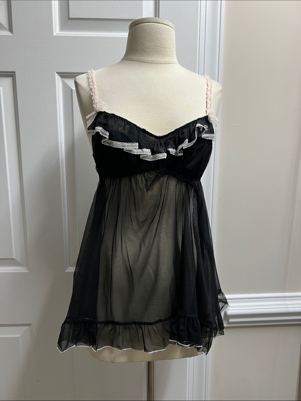 Victoria's Secret Sheer Black Chemise lingerie teddy Pink Straps small S NWOT